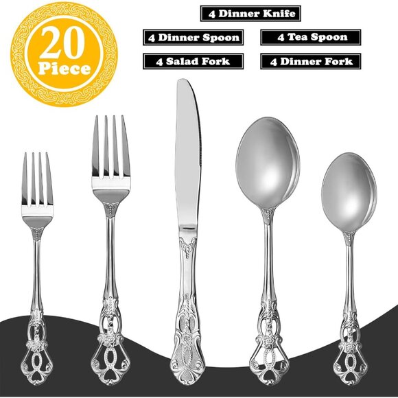 🆕 Gorgeous Retro Royal Stainless Steel 20 Pieces Flatware Set Anti-Rust Spoon - Picture 2 of 7